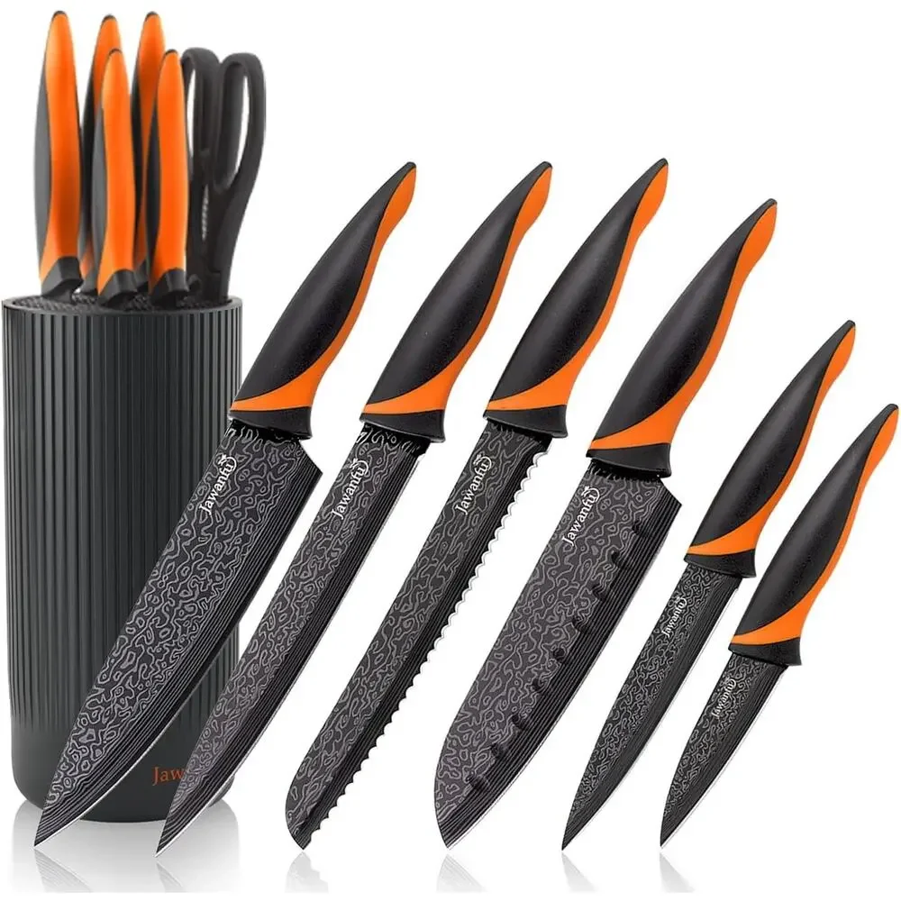 Jawanfu 8 Piece Knife Set Black & Orange Damascus Pattern NIB